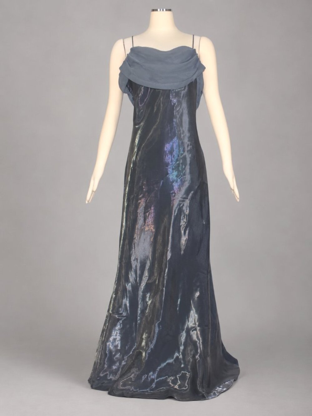 Vintage Y2K Pewter Shimmer Evening Gown Sheer Chiffon Cowl Neck Maxi Dress 1X